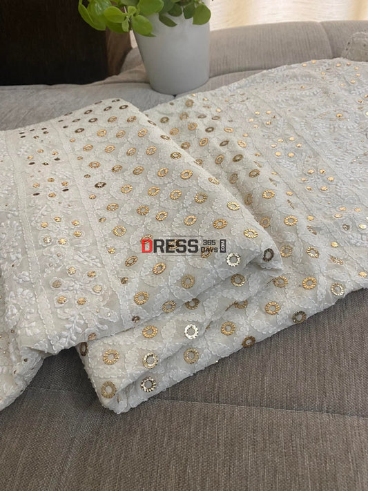 Ivory White Ring Mukaish Lucknowi Dupatta Chikankari