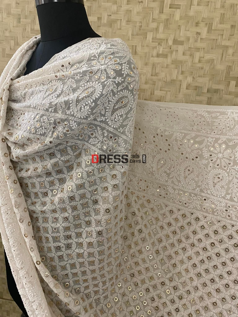 Ivory White Ring Mukaish Lucknowi Dupatta Chikankari