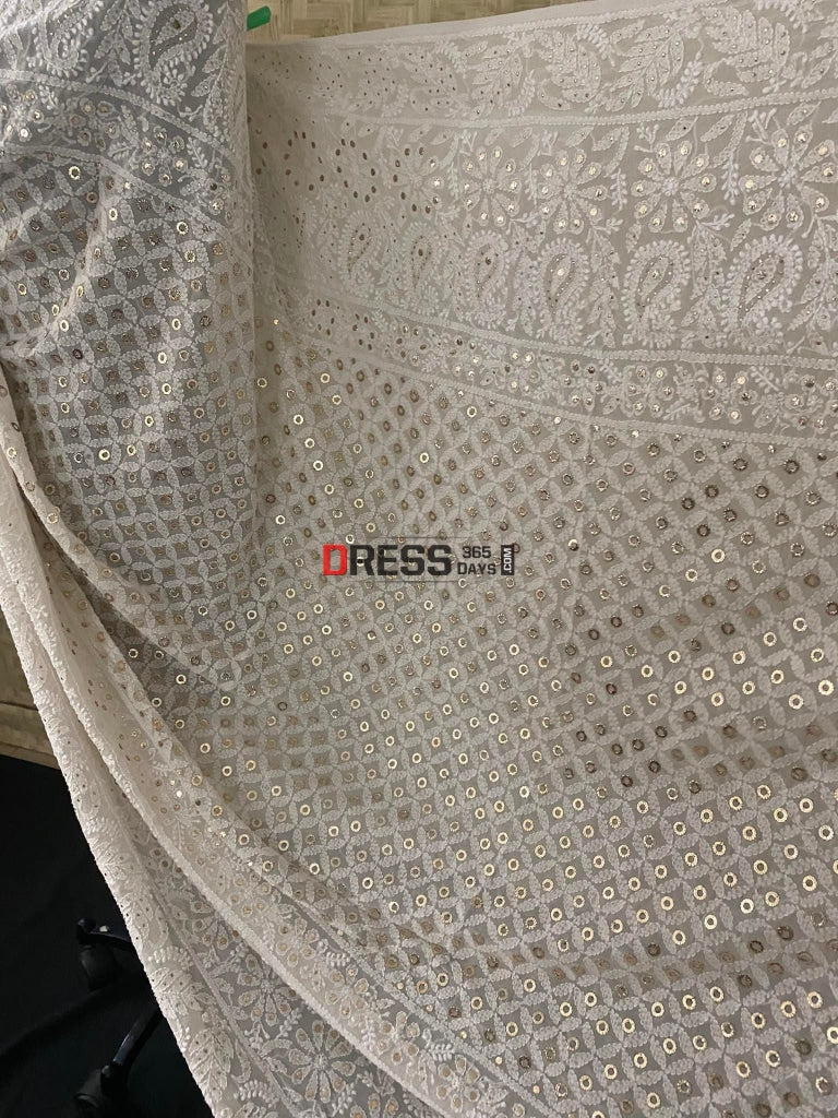 Ivory White Ring Mukaish Lucknowi Dupatta Chikankari