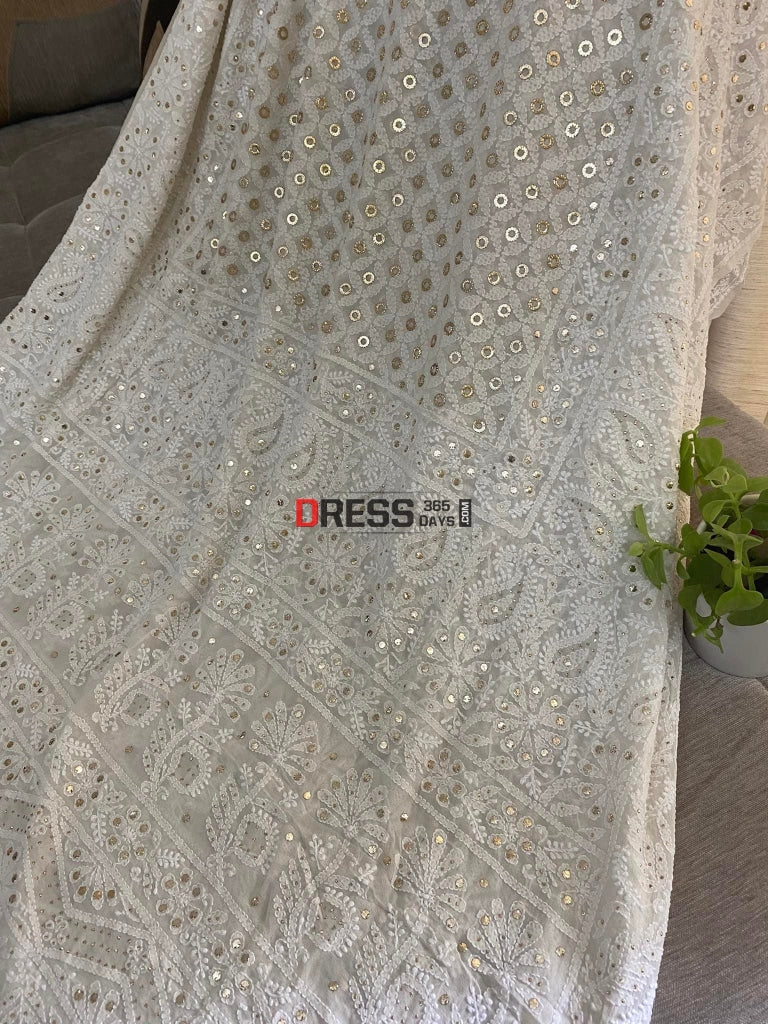 Ivory White Ring Mukaish Lucknowi Dupatta Chikankari