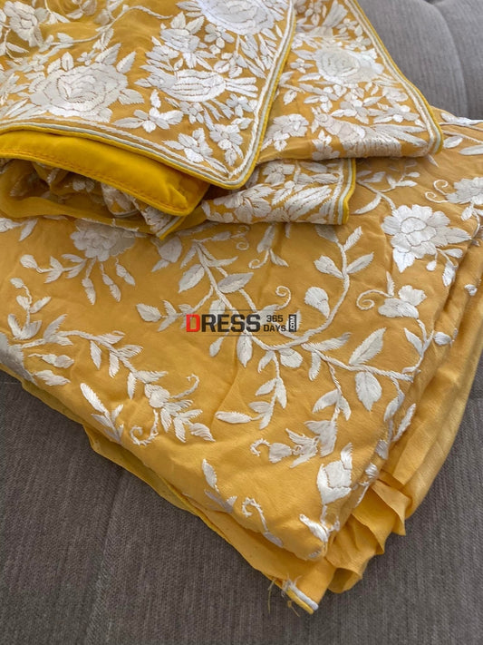 Ivory & Yellow Hand Embroidered Parsi Gara Suit (Three Piece) Suits