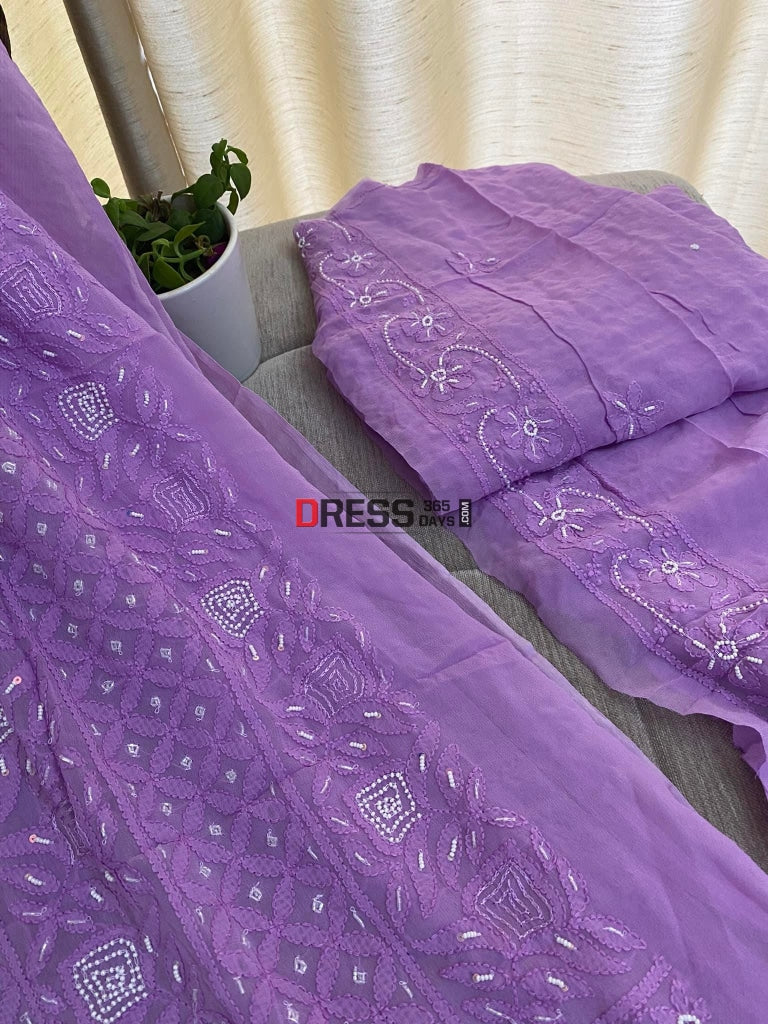 Lavender Chikankari Pearl Kurta Dupatta Set Suits