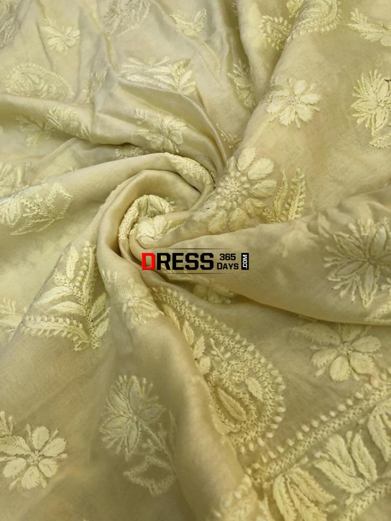 Lemon Yellow Chanderi Chikan Work Suit (Kurta And Dupatta) Chikankari Suits