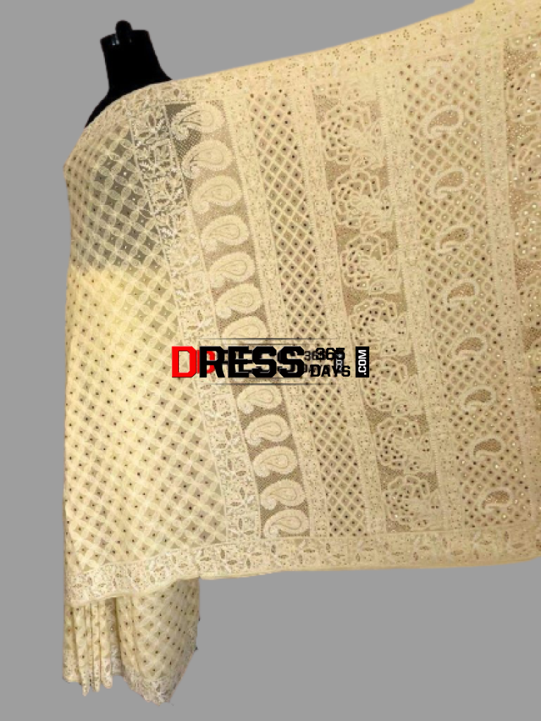 Lemon Yellow Chikan Mukaish Saree Chikankari
