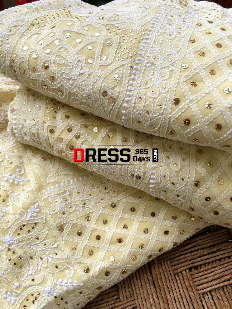 Lemon Yellow Chikan Mukaish Saree Chikankari