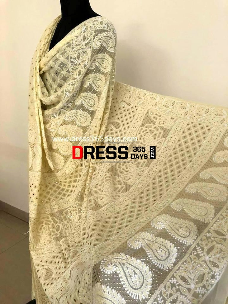 Lemon Yellow Chikan Mukaish Saree Chikankari