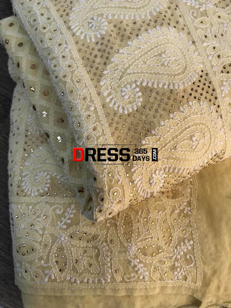 Lemon Yellow Chikan Mukaish Saree Chikankari