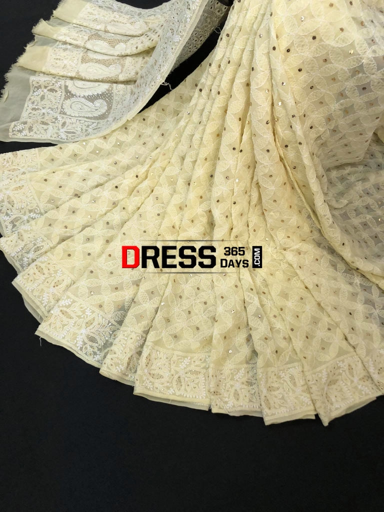Lemon Yellow Chikan Mukaish Saree Chikankari