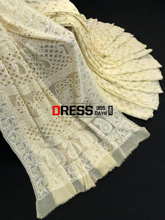 Lemon Yellow Chikan Mukaish Saree Chikankari