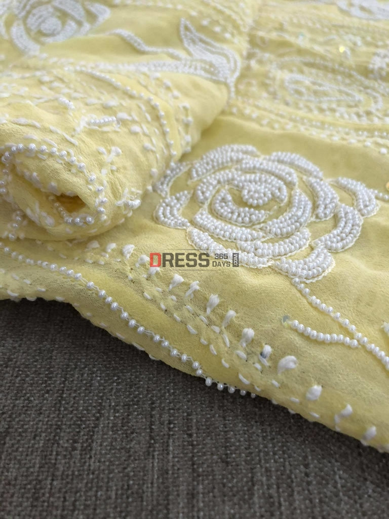 Lemon Yellow Chikankari Anarkali Suit With Pearls