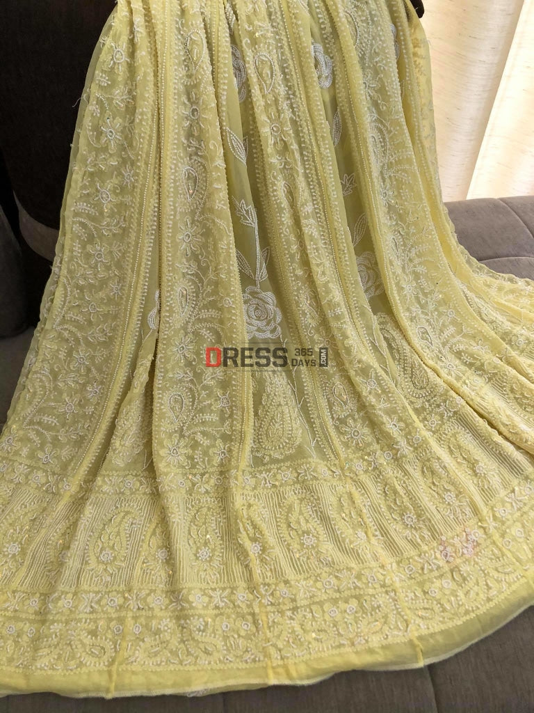 Lemon Yellow Chikankari Anarkali Suit With Pearls