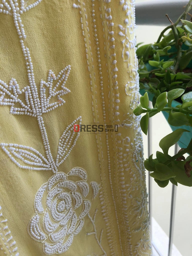 Lemon Yellow Chikankari Anarkali Suit With Pearls