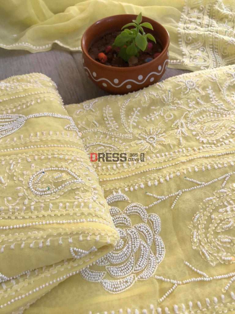 Lemon Yellow Chikankari Anarkali Suit With Pearls