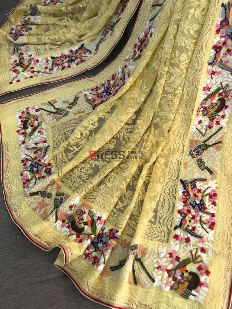 Lemon Yellow Chikankari French Knot & Parsi Gara Dupatta