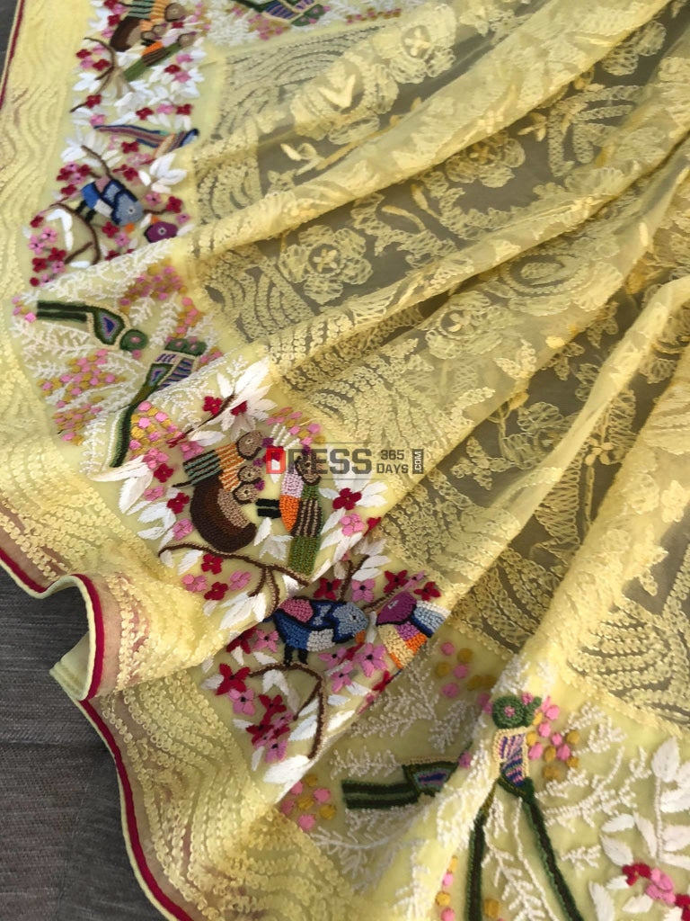 Lemon Yellow Chikankari French Knot & Parsi Gara Dupatta