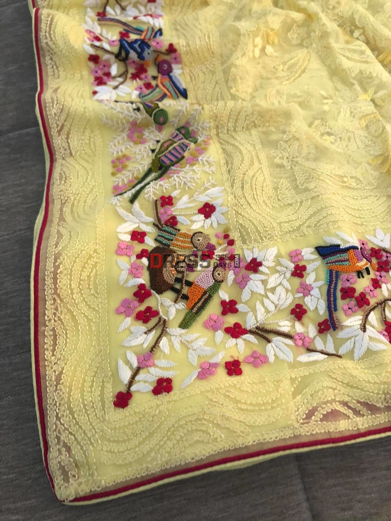 Lemon Yellow Chikankari French Knot & Parsi Gara Dupatta
