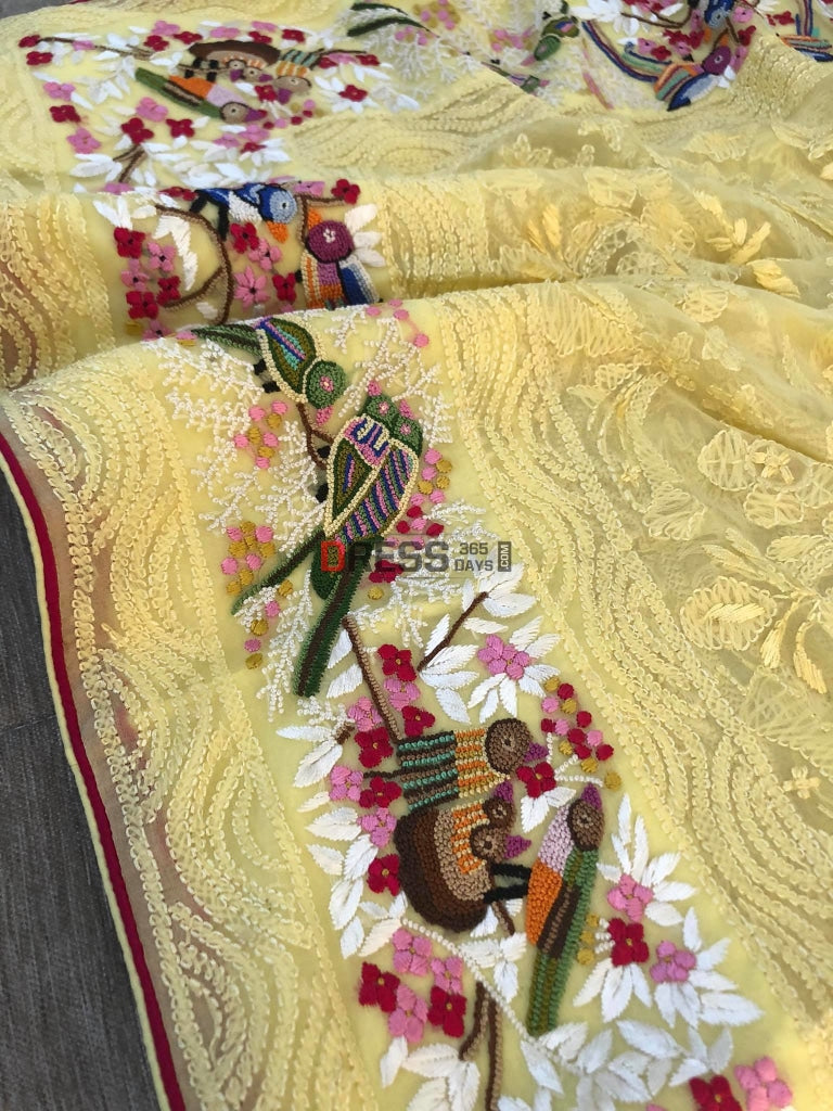 Lemon Yellow Chikankari French Knot & Parsi Gara Dupatta