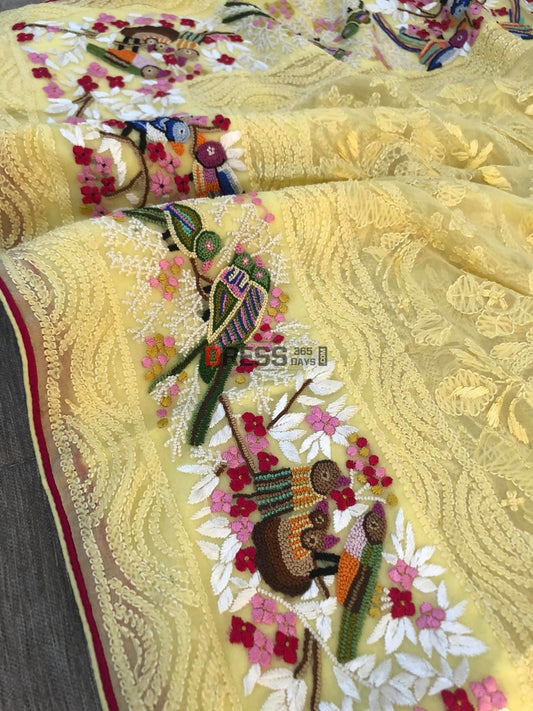 Lemon Yellow Chikankari French Knot & Parsi Gara Dupatta