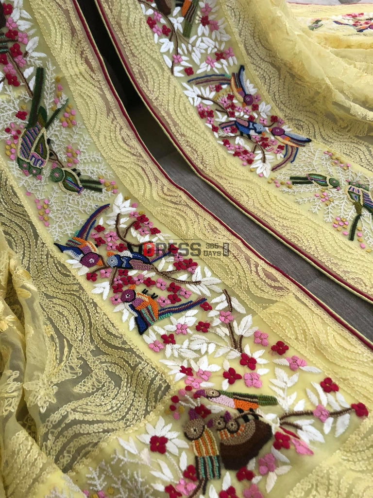 Lemon Yellow Chikankari French Knot & Parsi Gara Dupatta
