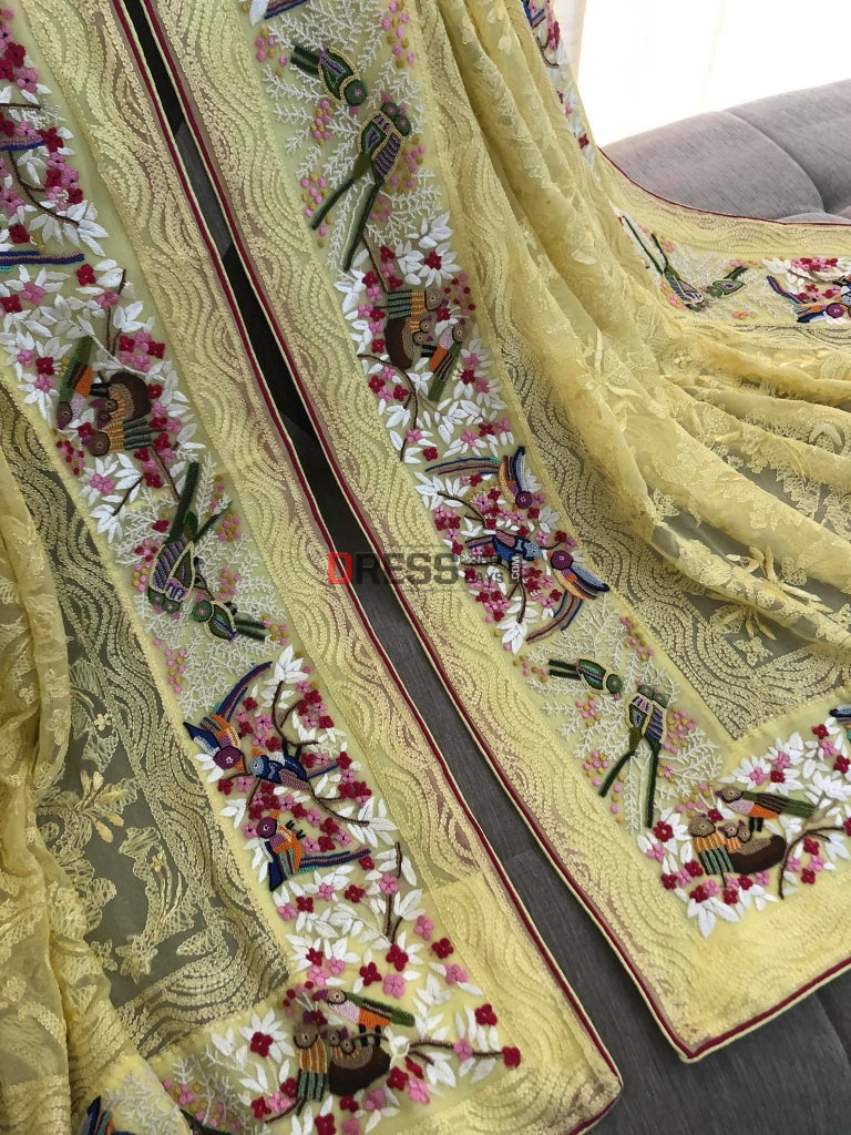 Lemon Yellow Chikankari French Knot & Parsi Gara Dupatta