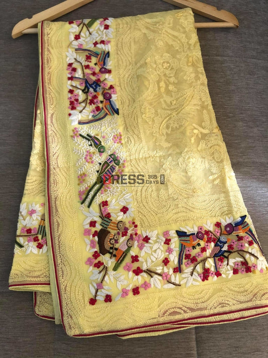 Lemon Yellow Chikankari French Knot & Parsi Gara Dupatta