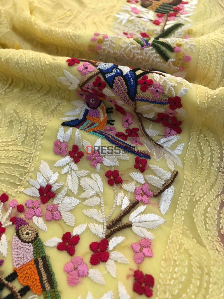 Lemon Yellow Chikankari French Knot & Parsi Gara Dupatta