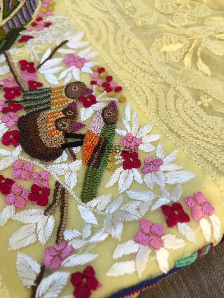 Lemon Yellow Chikankari French Knot & Parsi Gara Dupatta