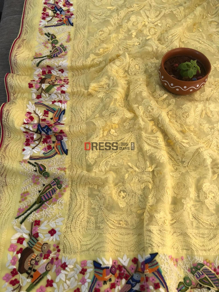 Lemon Yellow Chikankari French Knot & Parsi Gara Dupatta