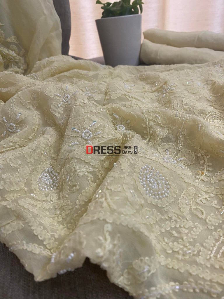 Lemon Yellow Chikankari & Pearl Kurta Dupatta Set Suits