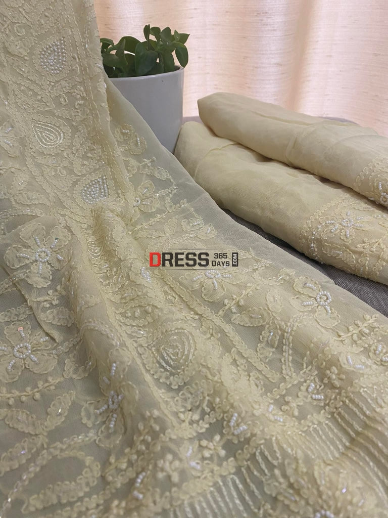 Lemon Yellow Chikankari & Pearl Kurta Dupatta Set Suits