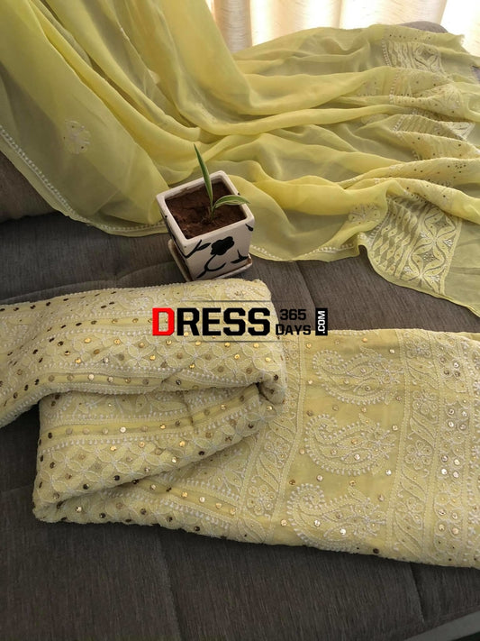 Lemon Yellow Kamdani & Chikankari Anarkali Suit