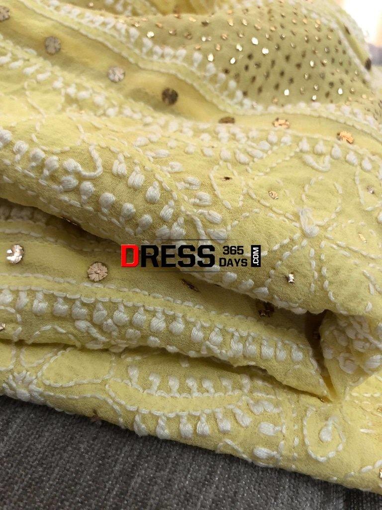 Lemon Yellow Mukaish Chikankari Anarkali Suit