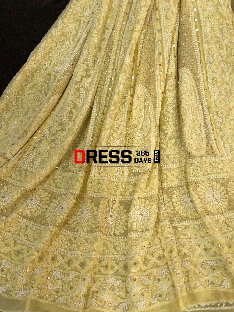 Lemon Yellow Mukaish Chikankari Anarkali Suit