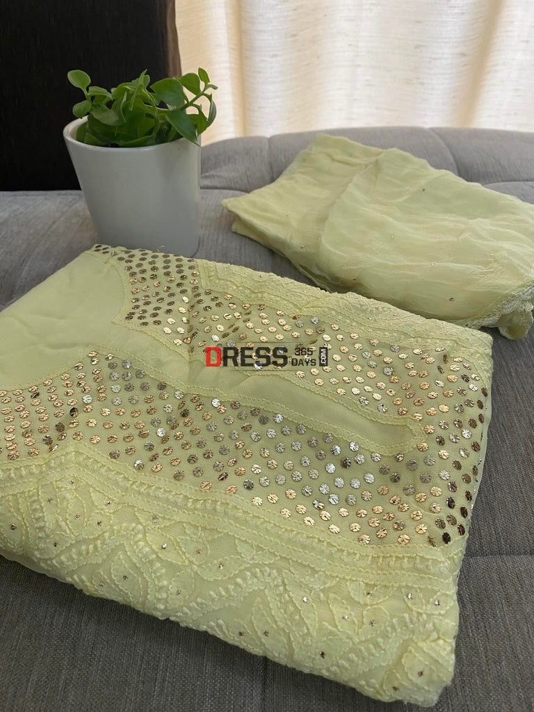 Lemon Yellow Mukaish Neckline Chikankari Kurta Dupatta Suits