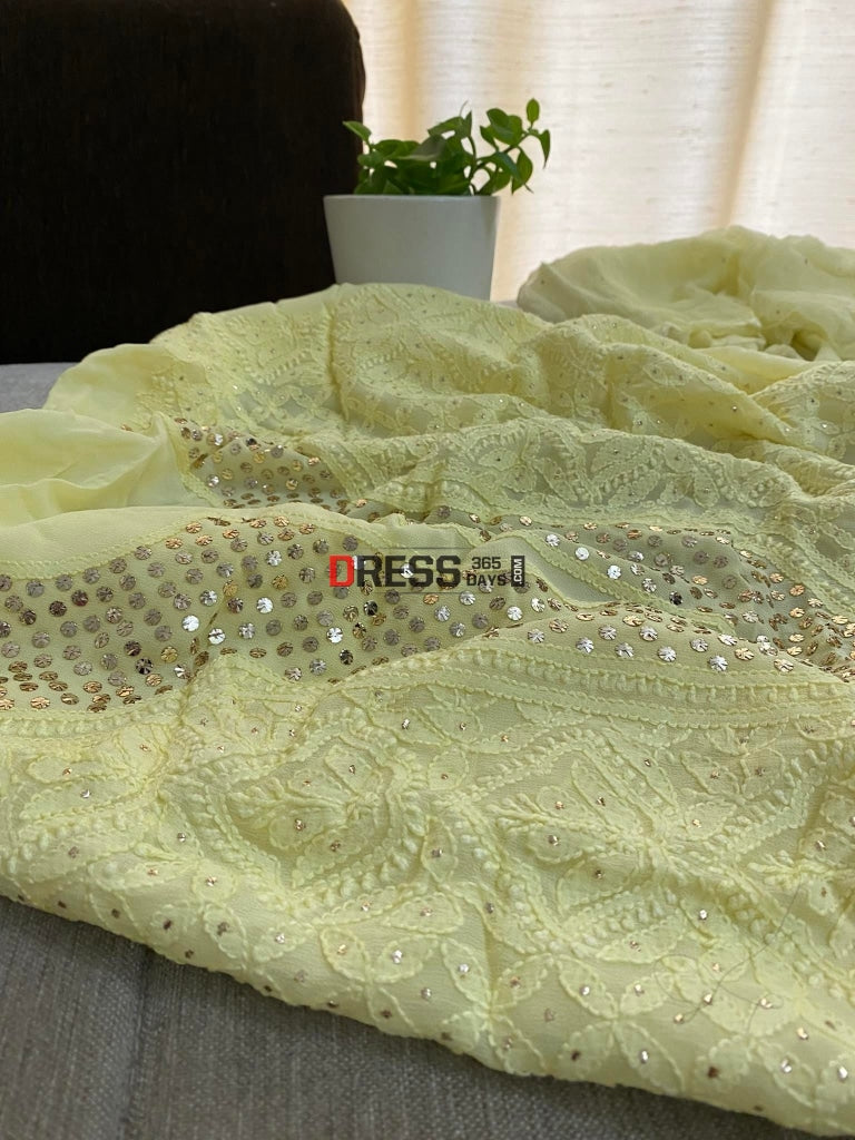 Lemon Yellow Mukaish Neckline Chikankari Kurta Dupatta Suits