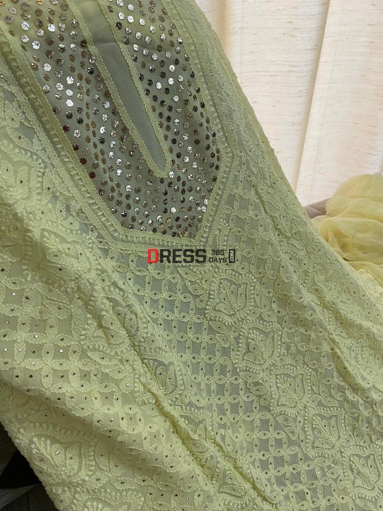 Lemon Yellow Mukaish Neckline Chikankari Kurta Dupatta Suits