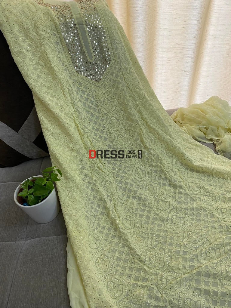 Lemon Yellow Mukaish Neckline Chikankari Kurta Dupatta Suits