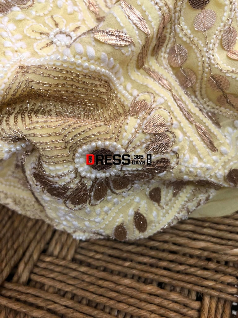 Lemon Yellow Pearl And Gota Patti Chikan Suit Chikankari Suits