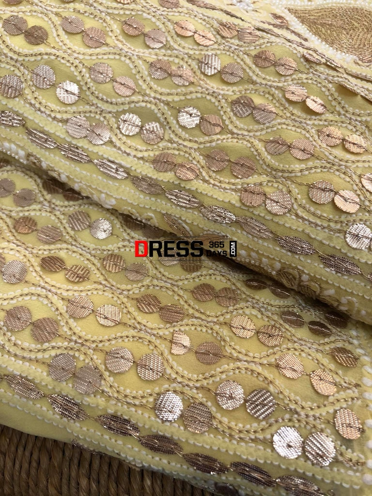 Lemon Yellow Pearl And Gota Patti Chikan Suit Chikankari Suits