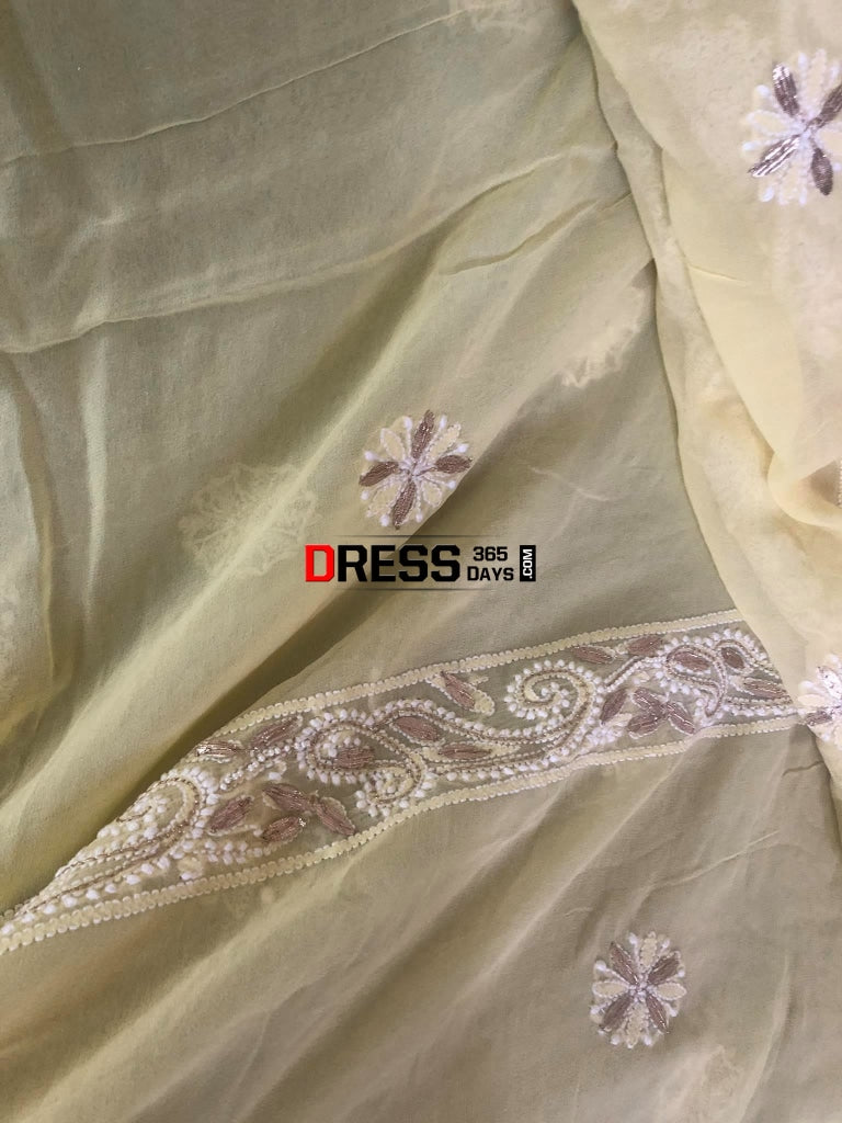 Lemon Yellow Pearl And Gota Patti Chikan Suit Chikankari Suits