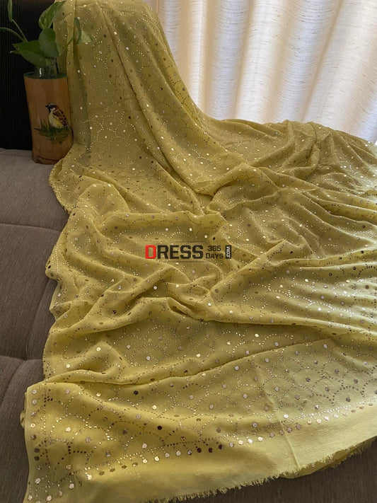 Lemon Yellow Pure Georgette Mukaish Dupatta Chikankari