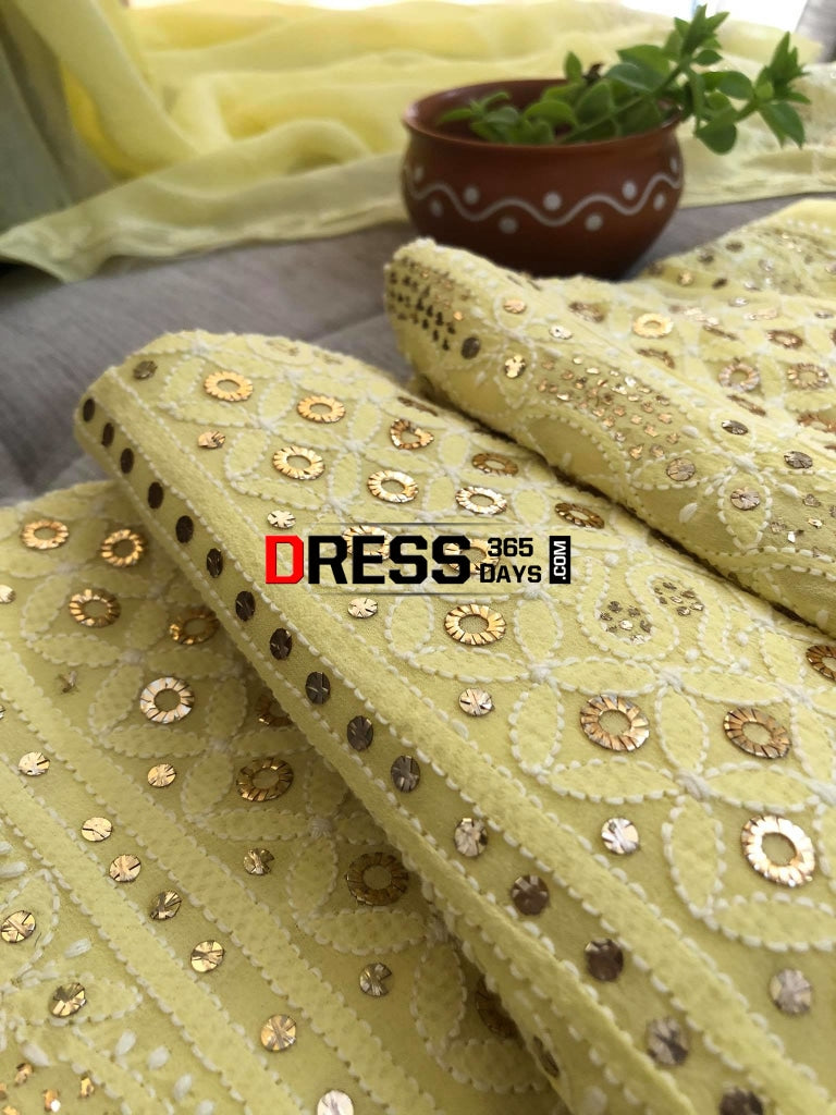 Lemon Yellow Ring Mukaish Chikankari Suit Suits