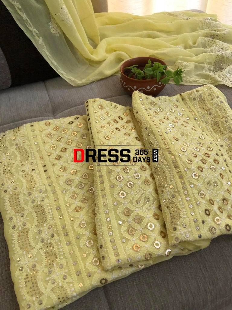Lemon Yellow Ring Mukaish Chikankari Suit Suits