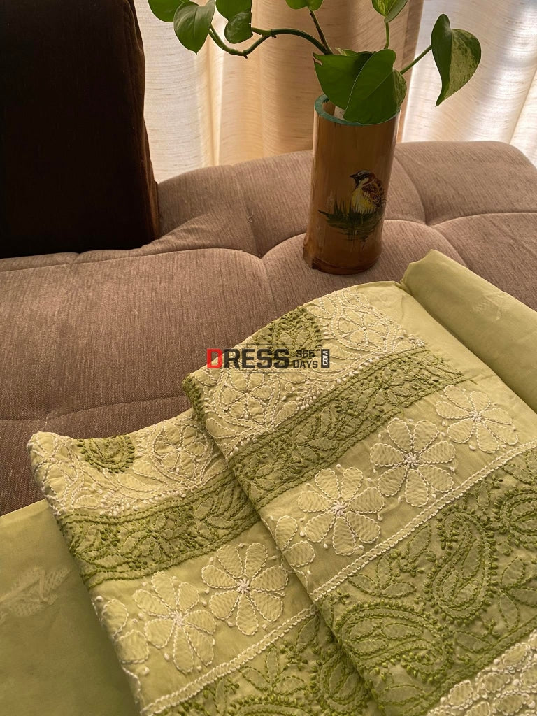 Light Green Cotton Chikankari Kurti Fabric (Kurti Only)