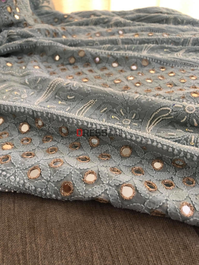 Light Grey Pearl & Mirror Chikankari Anarkali Suit