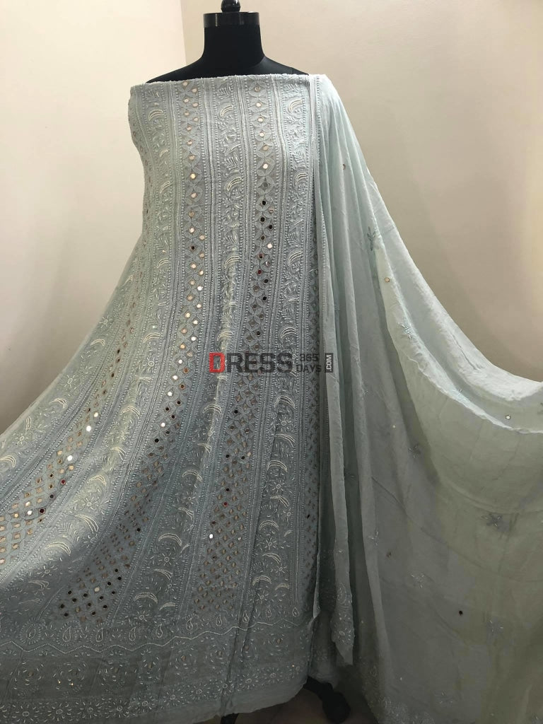 Light Grey Pearl & Mirror Chikankari Anarkali Suit