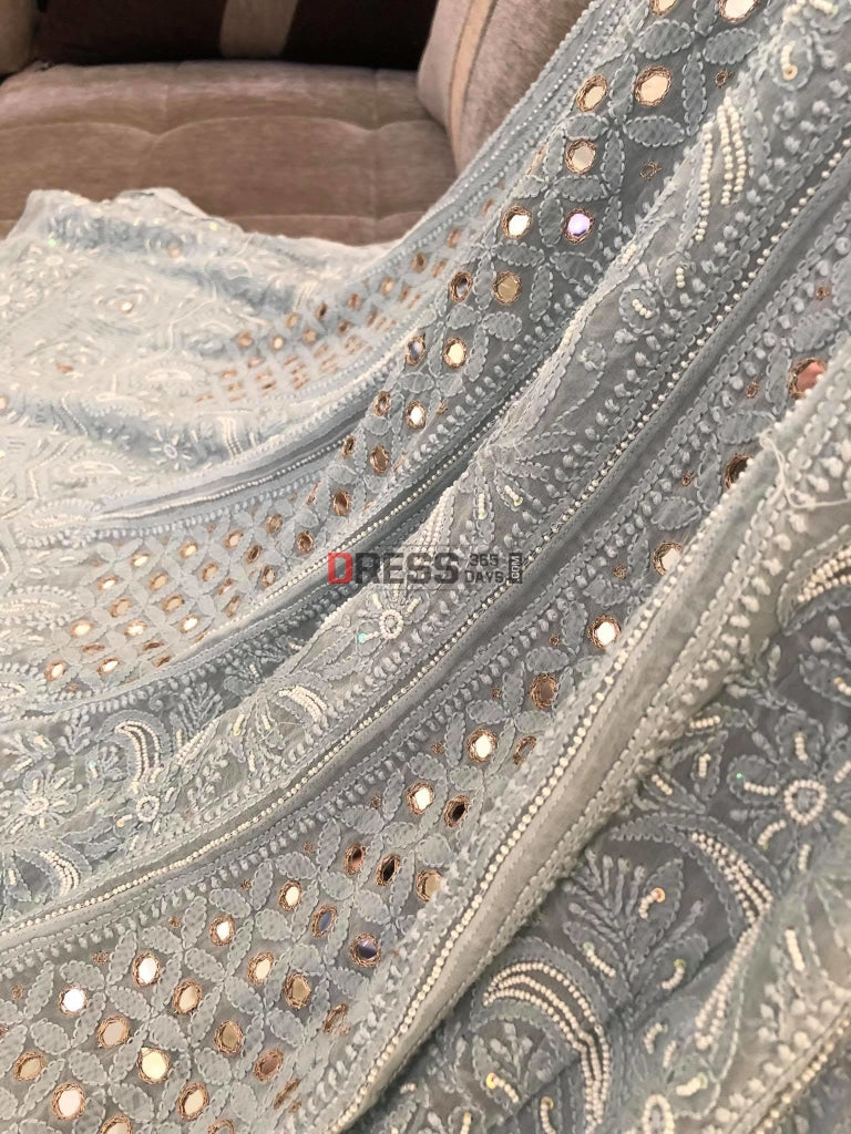 Light Grey Pearl & Mirror Chikankari Anarkali Suit