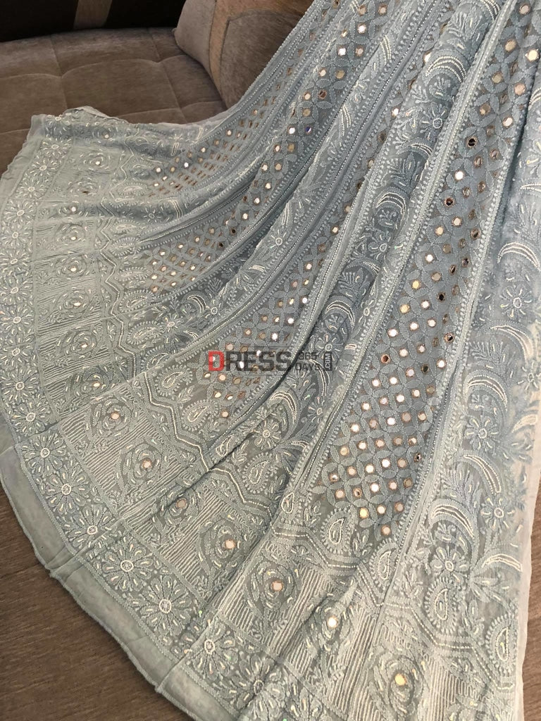 Light Grey Pearl & Mirror Chikankari Anarkali Suit