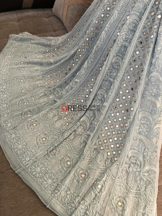 Light Grey Pearl & Mirror Chikankari Anarkali Suit