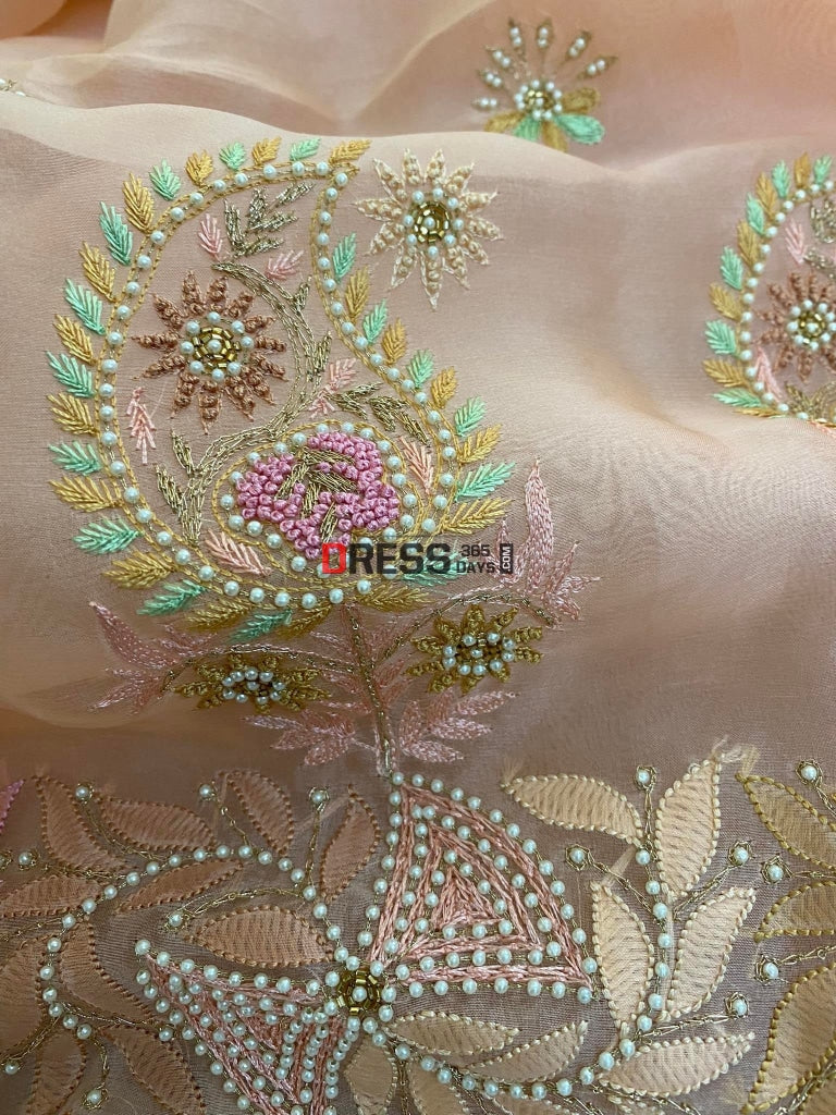 Light Peach Exclusive Organza Pearls Chikankari Suit Suits